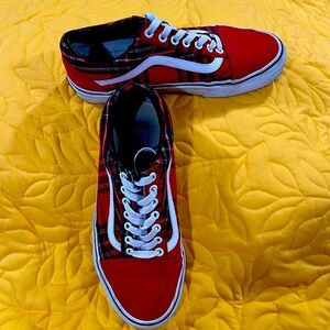 Vans Red Plaid Low-Top Skate Sneakers with White Stripe